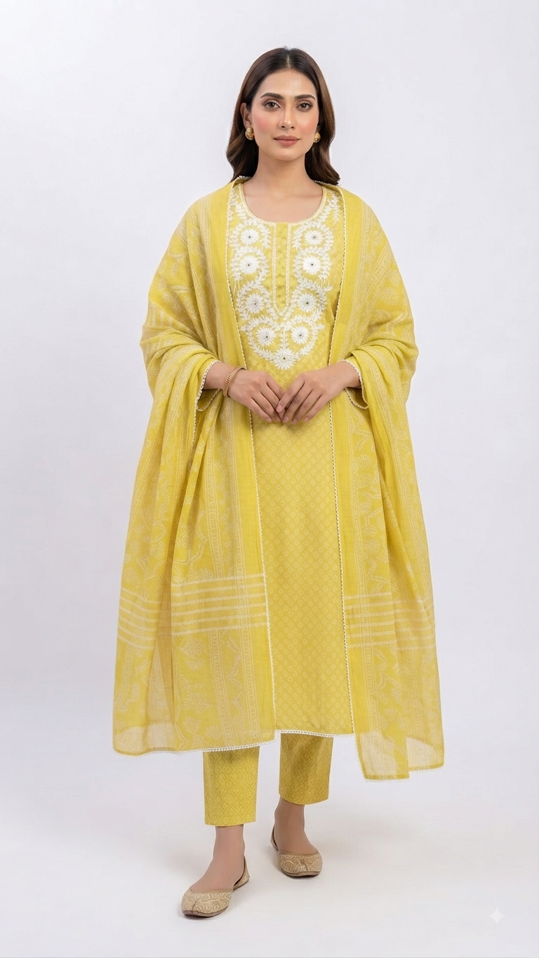 ZM6527_b_ylo1 Cotton Designer Embroidery Lace Suit CCT6527 - Image 1
